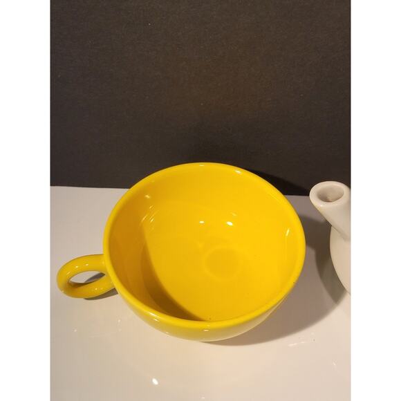 Tea for One Tea Pot with Cup Set Stackable Yellow and Gray Retro Colorful - Picture 4 of 10